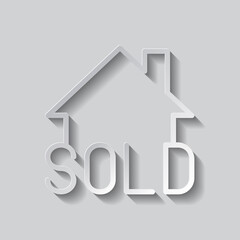 Sold, house simple icon vector. Flat design. Paper style with shadow. Gray background.ai