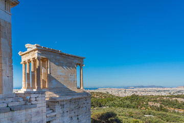 Temple of Athena Nike Propylaea Ancient Entrance Gateway Ruins Acropolis in Athens, Greece. Nike in...