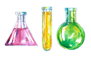 Watercolor flasks. Chemical test tubes of various shapes with multi-colored liquid