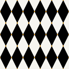 Seamless harlequin check pattern in black and white with gold dots. Vector geometric background