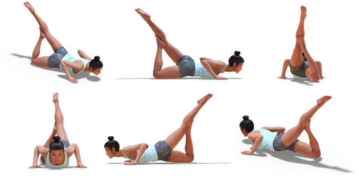 Virtual Woman in Yoga Flying Locust Pose with 6 angles of view on white
