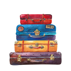 Watercolor luggage suitcases. A set of old leather multi-colored travel suitcases