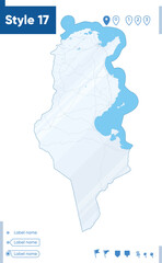 Tunisia - map isolated on white background with water and roads. Vector map.