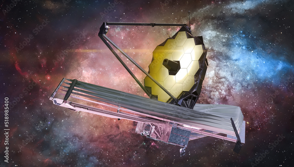 Poster JWST in space. Galaxy exploration. James Webb space observatory. Space telescope. Elements of this image furnished by NASA