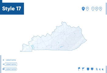 Kentucky, USA - map isolated on white background with water and roads. Vector map.