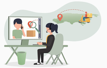  Call center coordinator between customers and the company's products. Help tracking customers' products. Inform the delivery location. Work from home concept. EPS10 vector illustration.