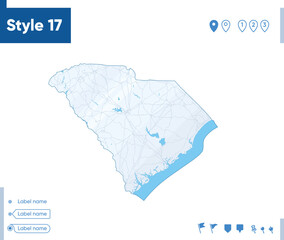 South Carolina, USA - map isolated on white background with water and roads. Vector map.