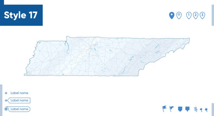 Tennessee, USA - map isolated on white background with water and roads. Vector map.