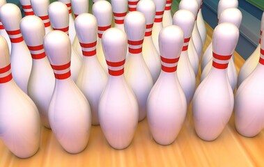 Naklejka premium Lots of bowling pins on the bowling lane. 3D render