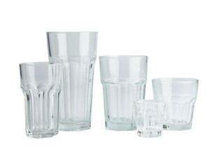 Collection of empty glasses for alcohol and beverages.