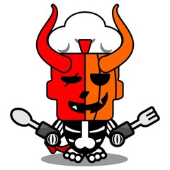 cartoon vector cute mascot skull pumpkin devil red chef character holding spoon and fork