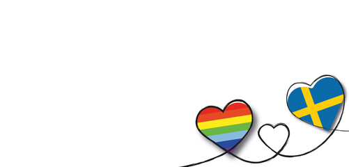 Drei Herzen mit der Regenbogenfahne und Schwedens Flagge