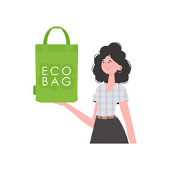 A woman holds an ECO BAG in her hands. Concept of green world and ecology. Isolated on white background. Trend style.Vector illustration.