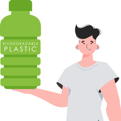 A man holds a bottle made of biodegradable plastic in his hands. Concept of green world and ecology. Isolated on white background. Fashion trend illustration in Vector.