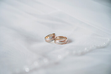 Wedding rings on a white veil