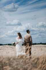 The bride and groom hold hands against the backdrop of a desert landscape with sand, blue sky and voluminous clouds