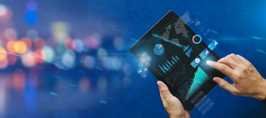 Business analysis big data sciences and economic growth with financial graph. Concept of virtual dashboard technology digital marketing and global economy investment network. 3D illustration banner.