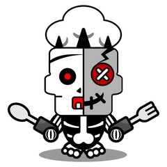 vector cartoon cute mascot skull character voodoo doll chef spoon and fork