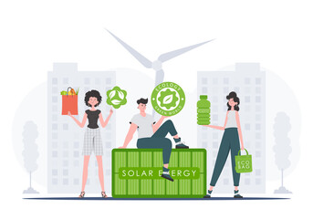 The concept of ecology and care for the environment. EKO is a team of people who care about the environment. Cartoon trendy style. Vector illustration. - obrazy, fototapety, plakaty