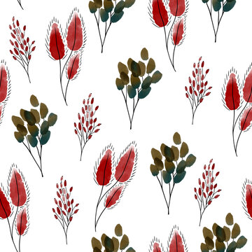 Japanese style autumn seamless pattern with different leaves, branches and berries. Watercolor leaf on white background