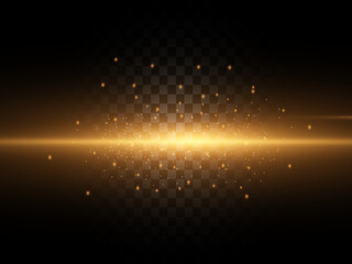 Glowing line with sparks on a transparent background, light effect, golden color. Vector illustration