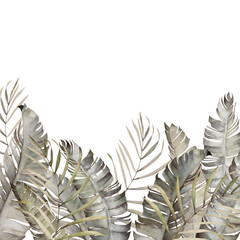 Watercolor jungle border. Tropical paradise, palm leaves. Hand drawn illustration