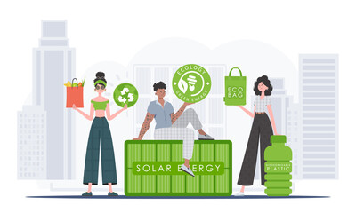 Concept of green world and ecology. EKO is a team of people who care about the environment. Flat style. Vector illustration. - obrazy, fototapety, plakaty