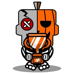 vector cartoon cute mascot skull character voodoo doll pumpkin holding cup