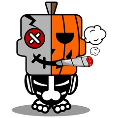 vector cartoon cute mascot skull character smoking pumpkin voodoo doll