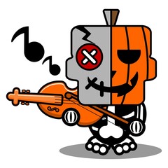 vector cartoon cute mascot skull character voodoo doll pumpkin playing the violin