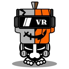 vector cartoon cute mascot skull character voodoo doll virtual reality pumpkin