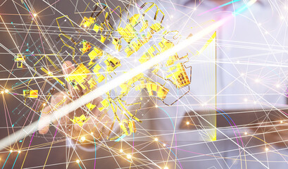 abstract lines with dots over dark background.