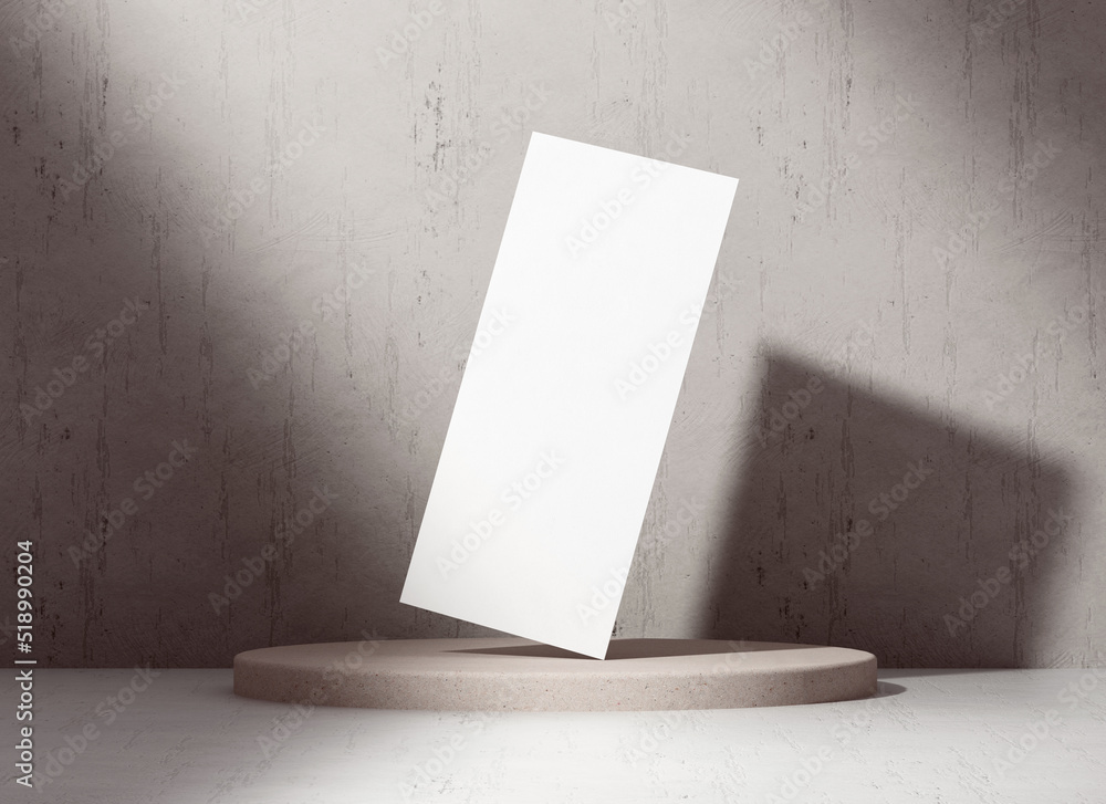 Poster one dl flyer mockup blank paper on a pedestal podium for design presentation. white empty leaflet te