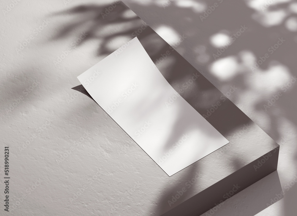 Poster single dl flyer mockup blank paper with leaf shadows for design presentation. white empty pamphlet t