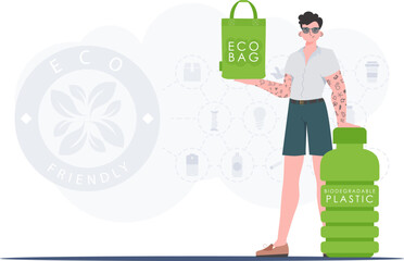 The concept of ecology and care for the environment. A man holds an ECO BAG in his hands. Fashion trend illustration in Vector.