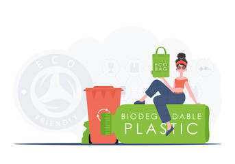 Obraz na płótnie Canvas The concept of ecology and care for the environment. The girl sits on a bottle with biodegradable plastic and holds an ECO BAG in her hands. Fashion trend illustration in Vector.