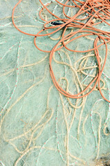 Nylon nets and ropes for fishing in the fishing port of Rota, Cadiz coast, Spain