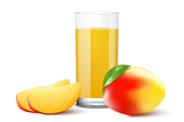 Fresh mango fruit and mango juice in a glass, realistic vector 3d illustration, isolated on white background © Инна Харламова