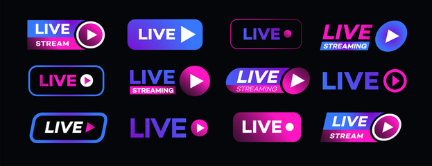 Vector live streaming icon set neon style isolated on transparent background. Symbol for social media. LIVE button for logo, sign, ui, app development, TV broadcasting. Vector 10 eps