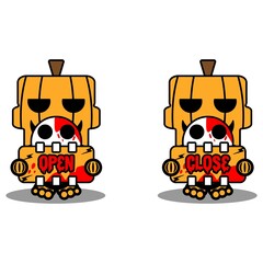 vector cartoon cute skull halloween pumpkin mascot character holding open and closing board