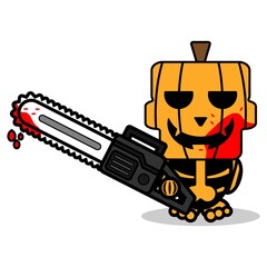 vector cartoon pumpkin mascot character halloween cute skull holding chainsaw