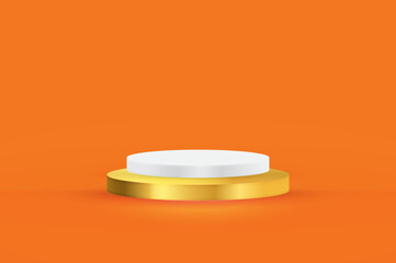 Round white and gold stage podium illuminated with light on orange background. Vector for product presentation