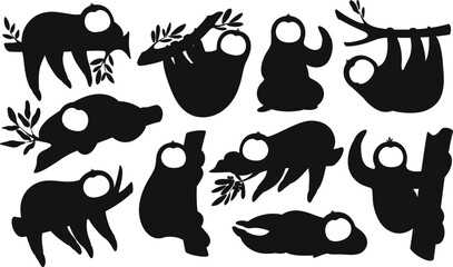 Funny sloths hanging branch climbing tree sleeping Vector silhouettes