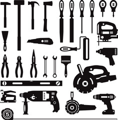 Collection of Construction work tools Carpentry Equipment Vector silhouettes