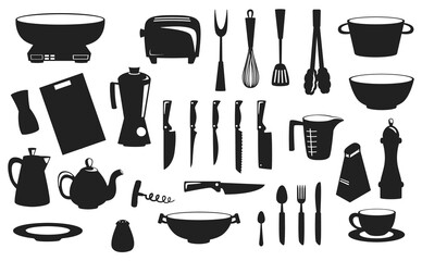 Collection of Kitchen utensils tools cooking equipment kitchenware cutlery isolated Vectors Silhouettes