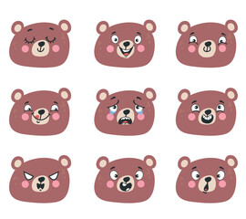 Bear animal muzzle face different emotions face isolated collections set. Vector graphic design illustration