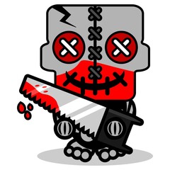 vector cartoon mascot halloween character skull cute voodoo doll holding saw