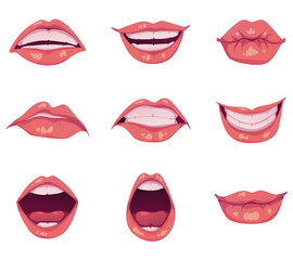 Fototapeta na wymiar Mouth facial lips with different emotions animations isolated concept set. Vector cartoon design element illustration