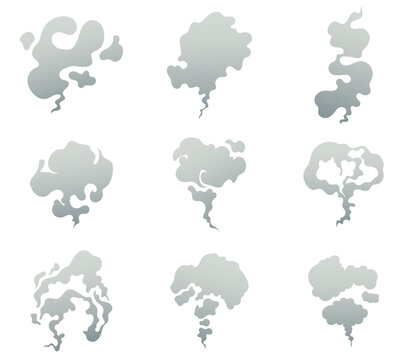 Smoke comic boom effect steam explosion puff cloud isolated set concept. Vector cartoon design element illustration