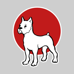 Portrait of a lovely dog on the red circle. Cute small pit bull as sticker for web design. Pretty puppy as sticker for design websites, logo, icon, sign, applications or social network communication.